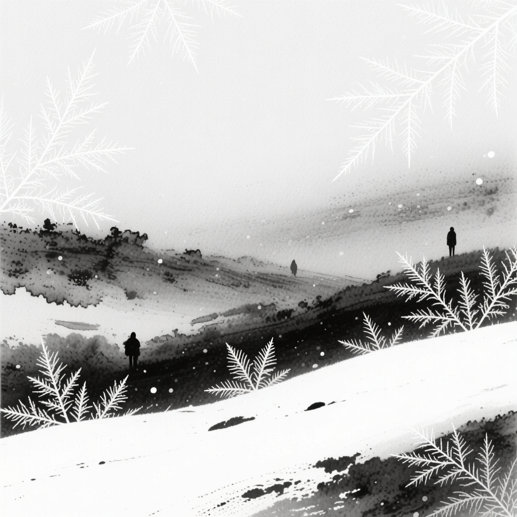 Abstract Snowy Landscape with Silhouetted Figures