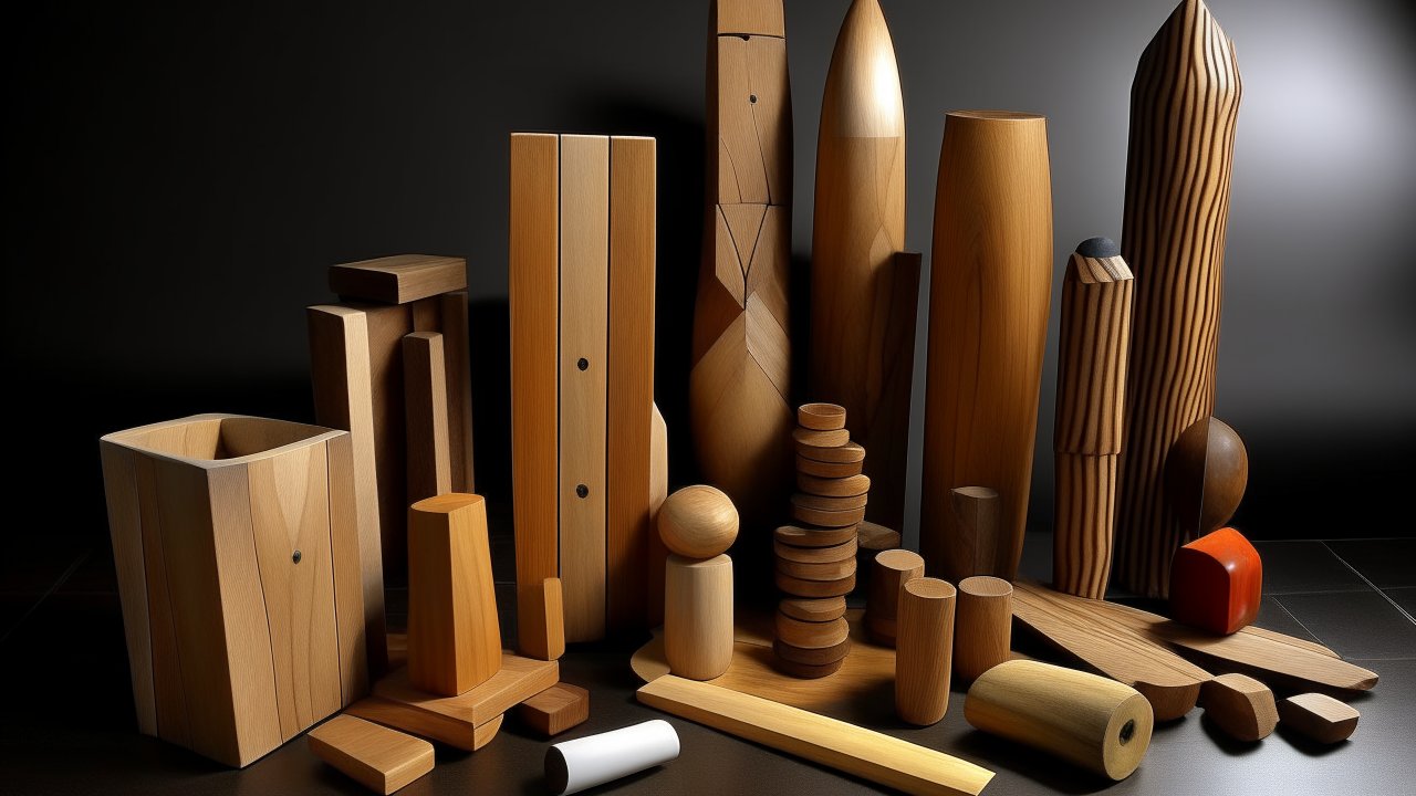 Abstract Wooden Sculptures on Dark Surface