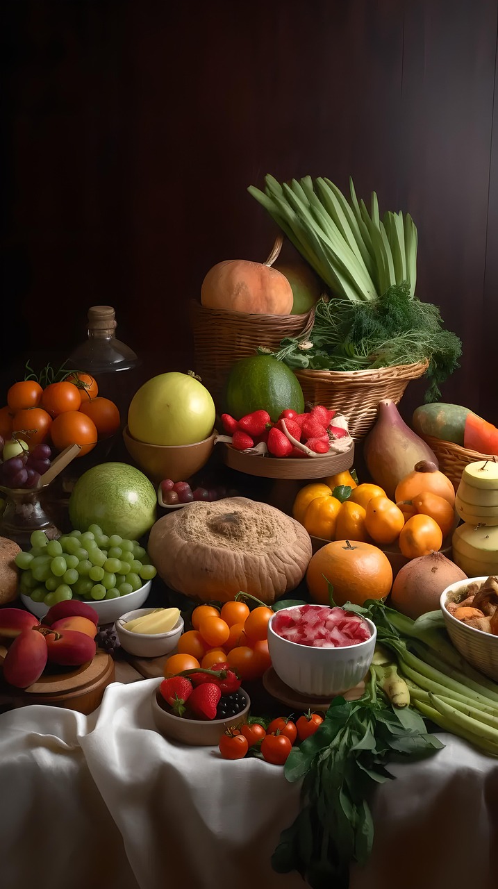 Abundant Fresh Fruits and Vegetables on a Rustic Table