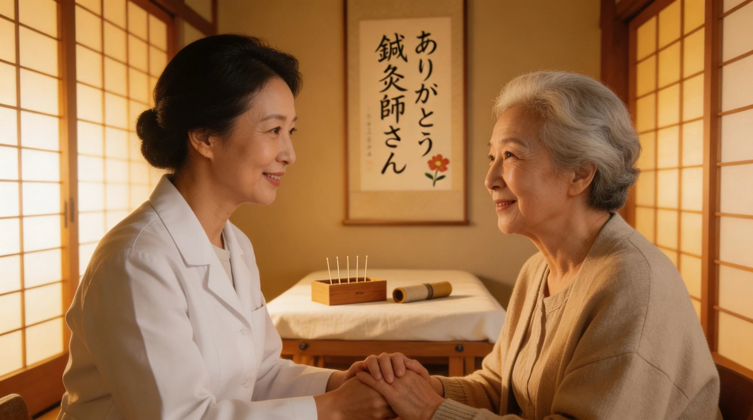 Acupuncturist Comforting Elderly Woman in Traditional Clinic