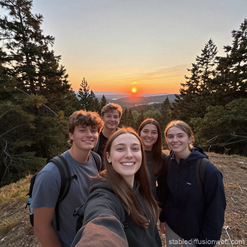 Adolescents Taking a Selfie at Sunset in the Forest