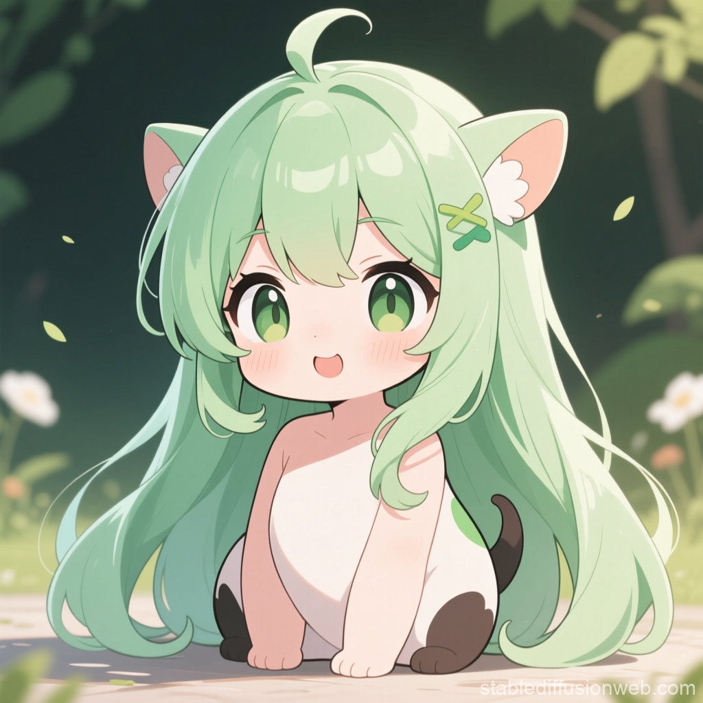 Adorable Anime Cat Girl with Long Green Hair