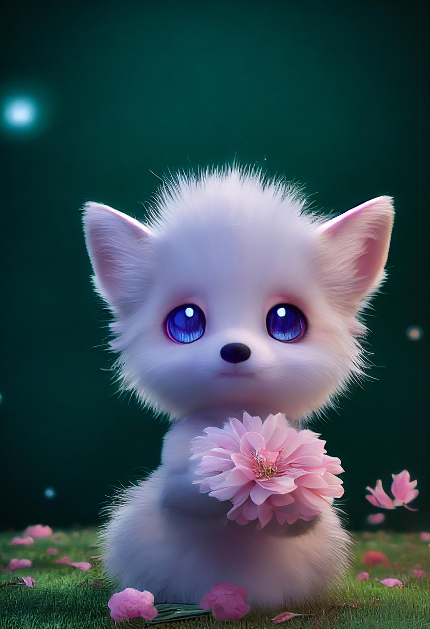 Adorable Baby Fox Holding Pink Flower