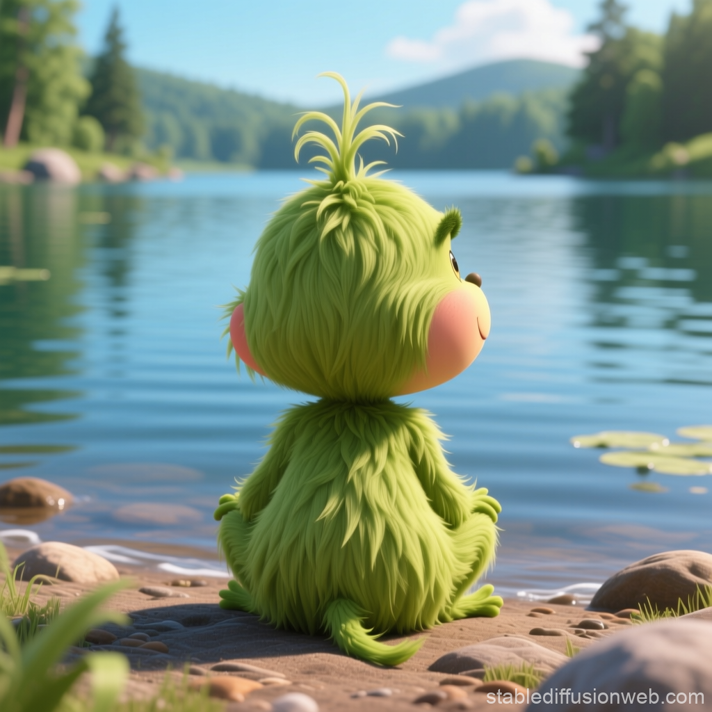 Adorable Baby Grinch Sitting by a Peaceful Lake