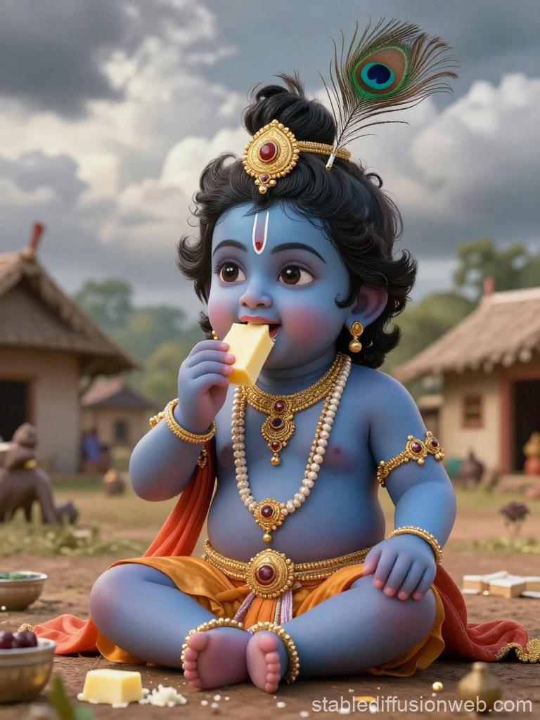 Adorable Baby Krishna Eating Butter in Village Setting