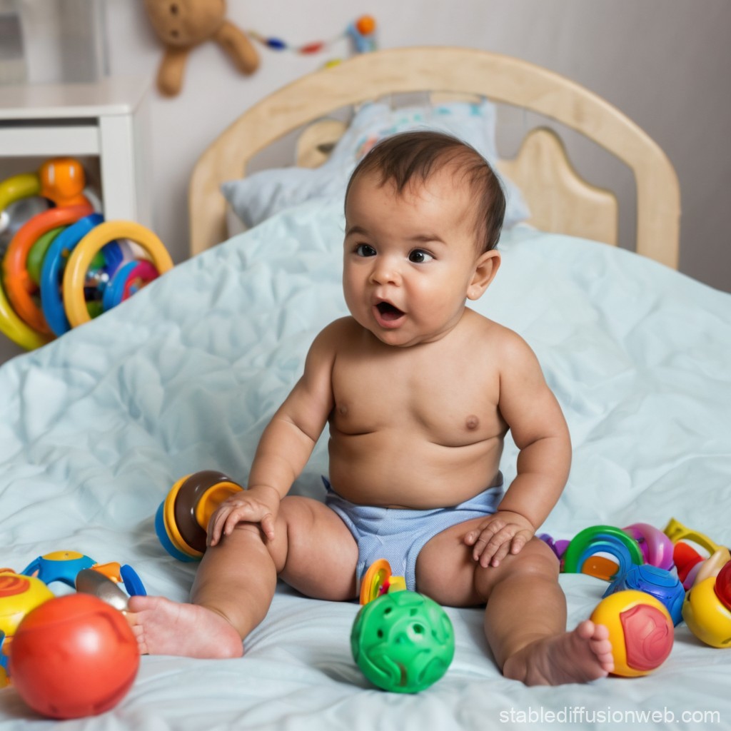 Adorable Baby Sitting on Bed Surrounded by Colorful Toys