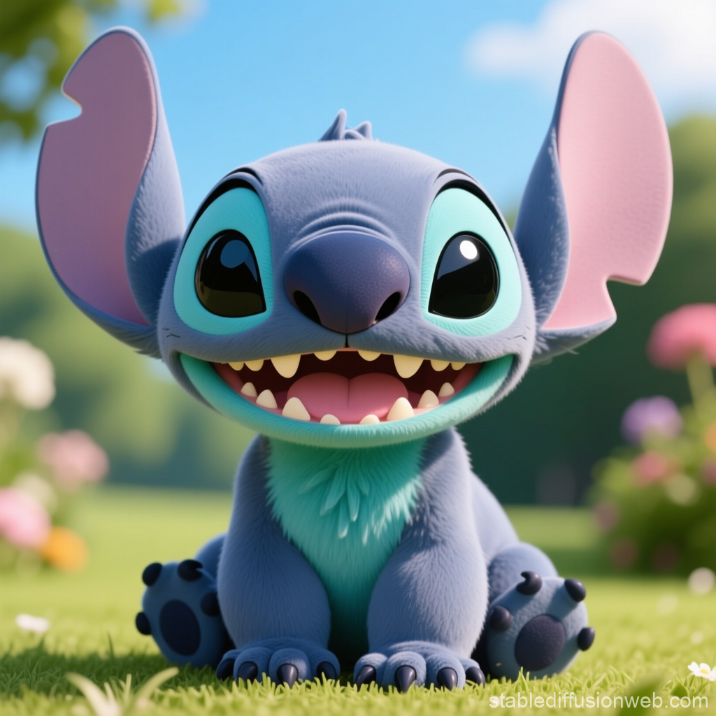 Adorable Blue Cartoon Creature Sitting on Grass