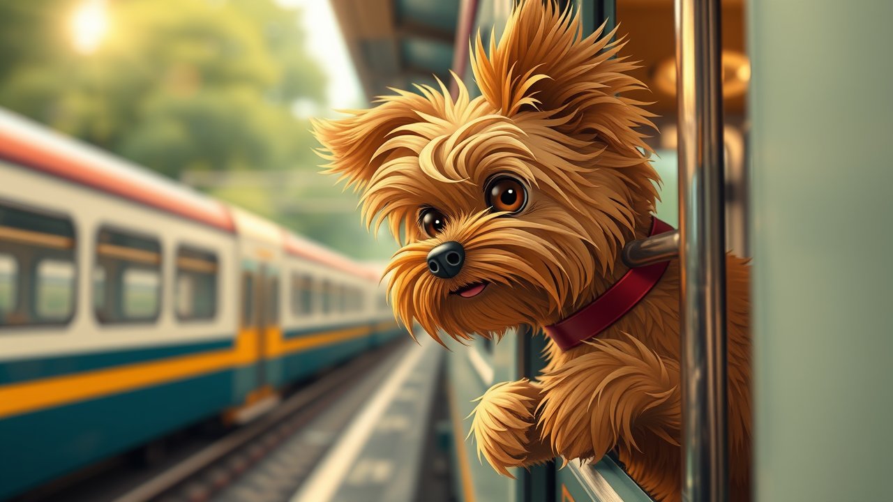 Adorable Brown Toy Terrier Looking Out of Train Window