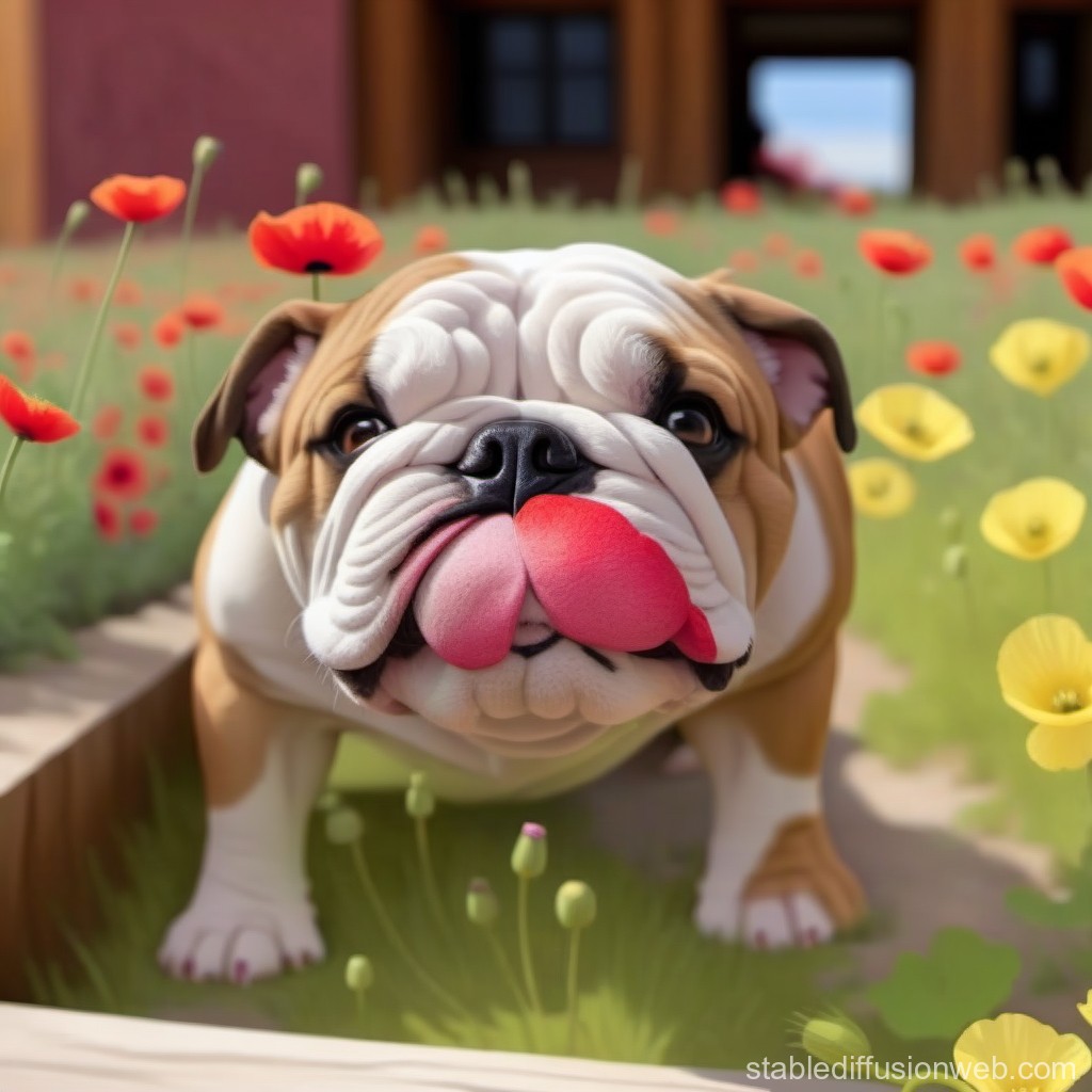 Adorable Bulldog Puppy in a Colorful Flower Garden