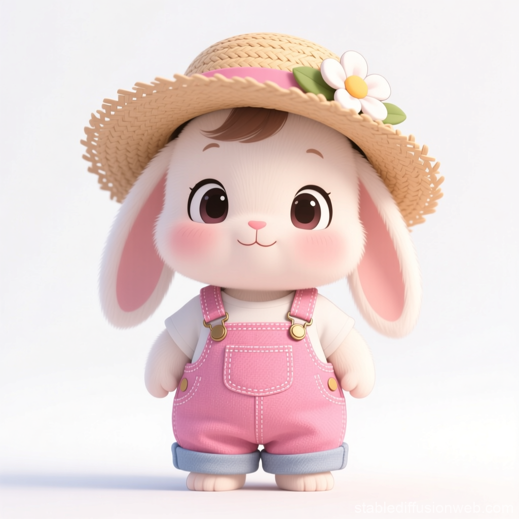 Adorable Bunny in Pink Overalls and Straw Hat