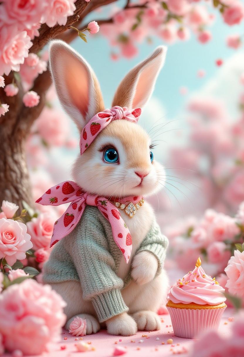 Adorable Bunny in Sweater with Cupcake Among Pink Blossoms