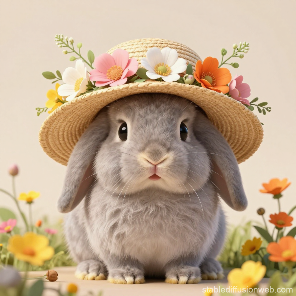 Adorable Bunny Wearing a Floral Straw Hat