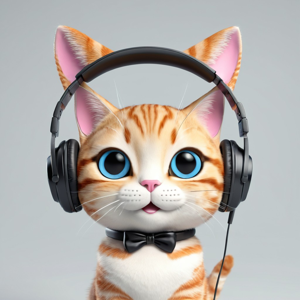 Adorable Cartoon Cat Wearing Headphones and Bow Tie