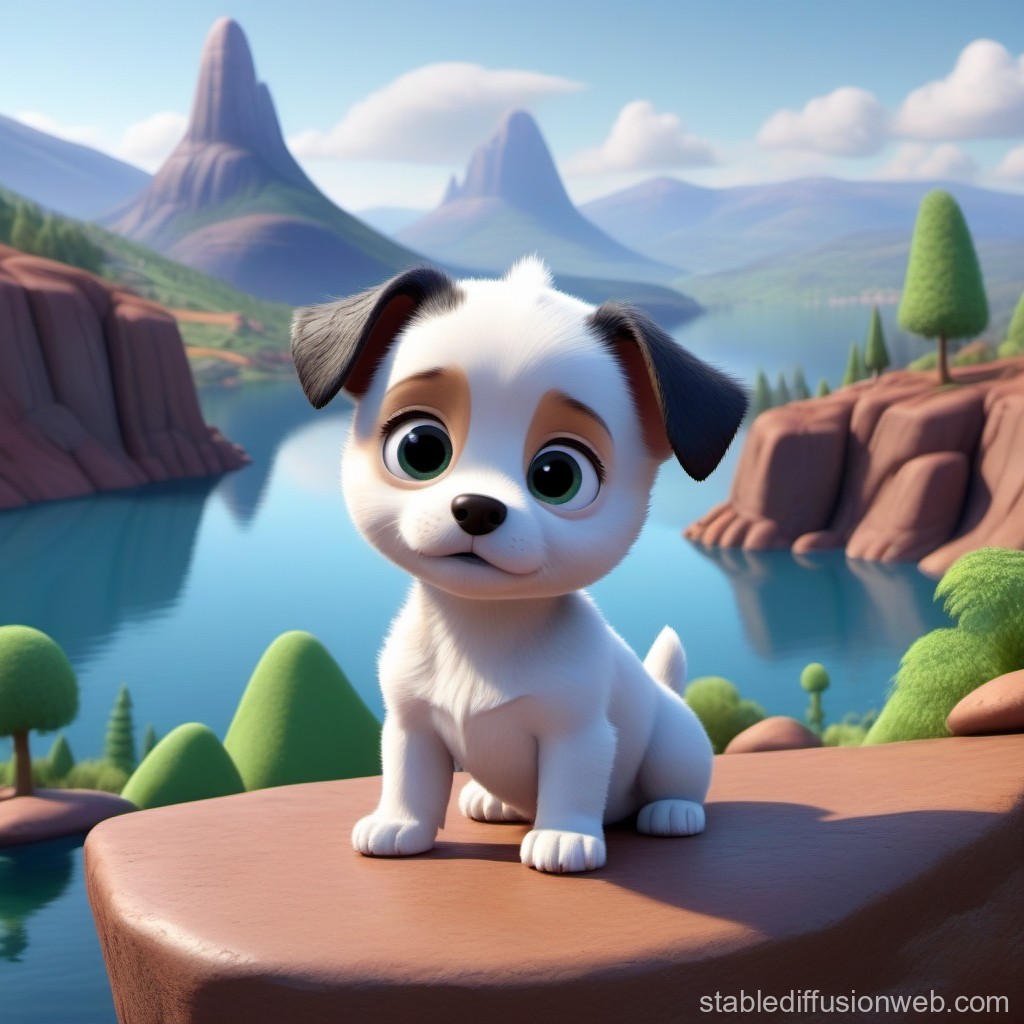 Adorable Cartoon Puppy by a Scenic Lake