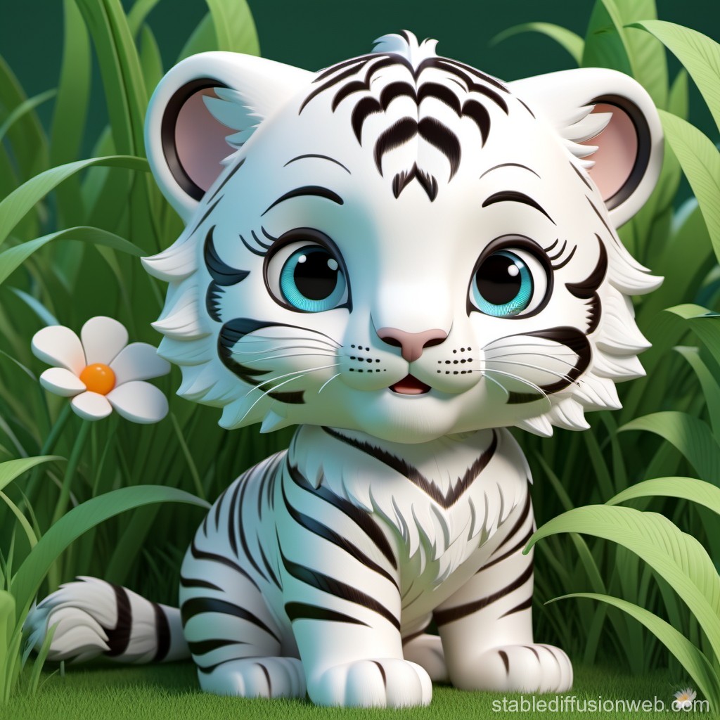 Adorable Cartoon White Tiger Cub with Big Blue Eyes