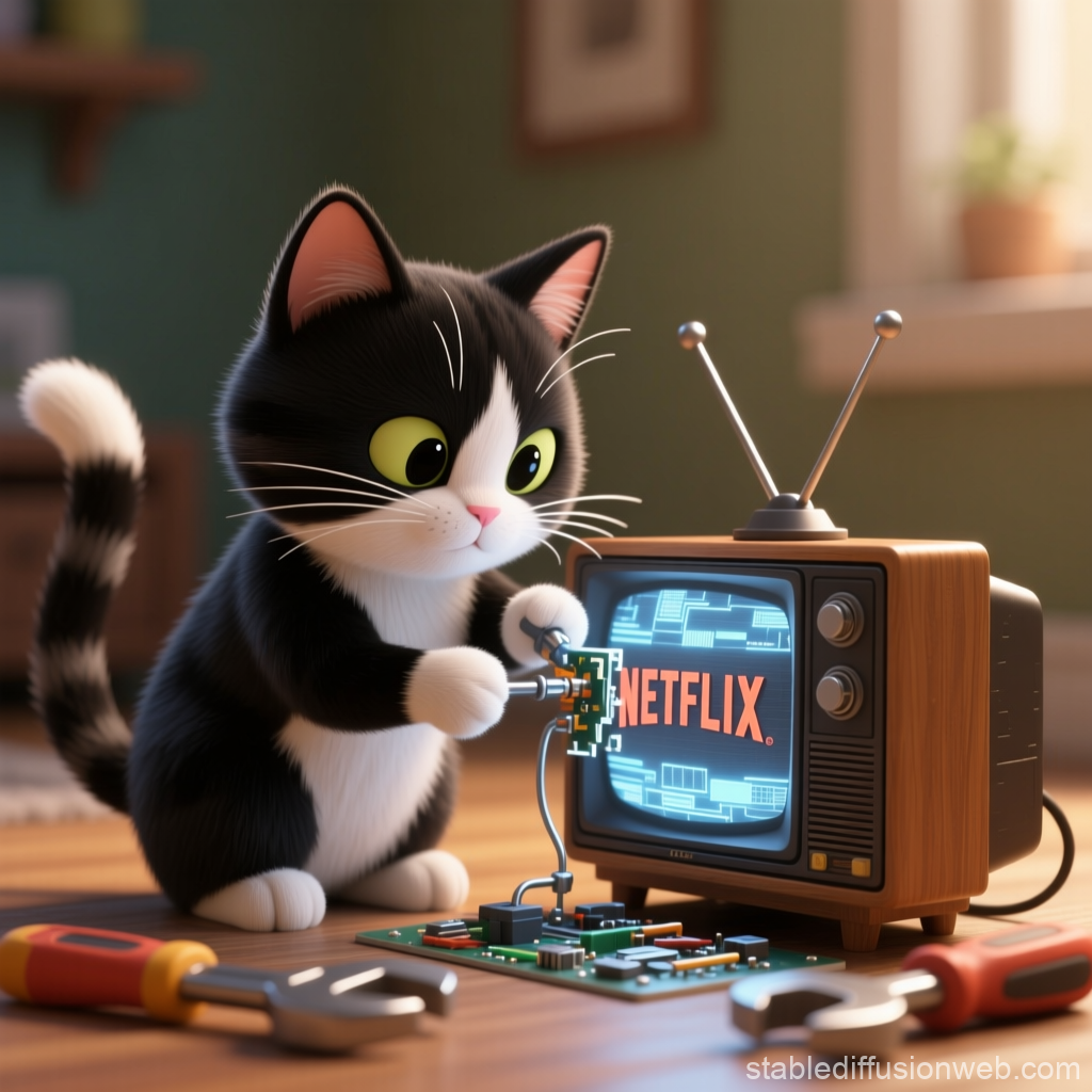 Adorable Cat Fixing Vintage TV Displaying Netflix Logo