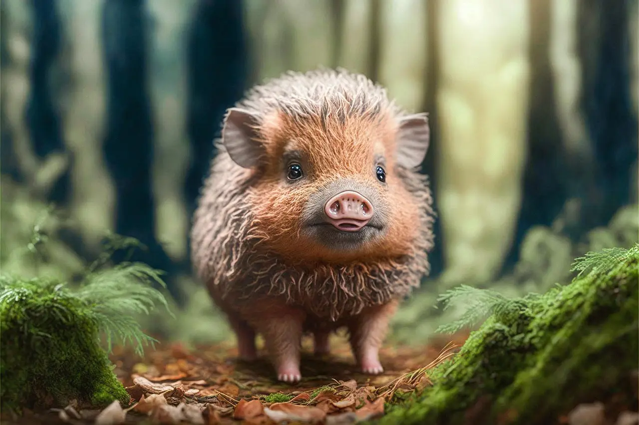 Adorable Fluffy Baby Pig in Forest
