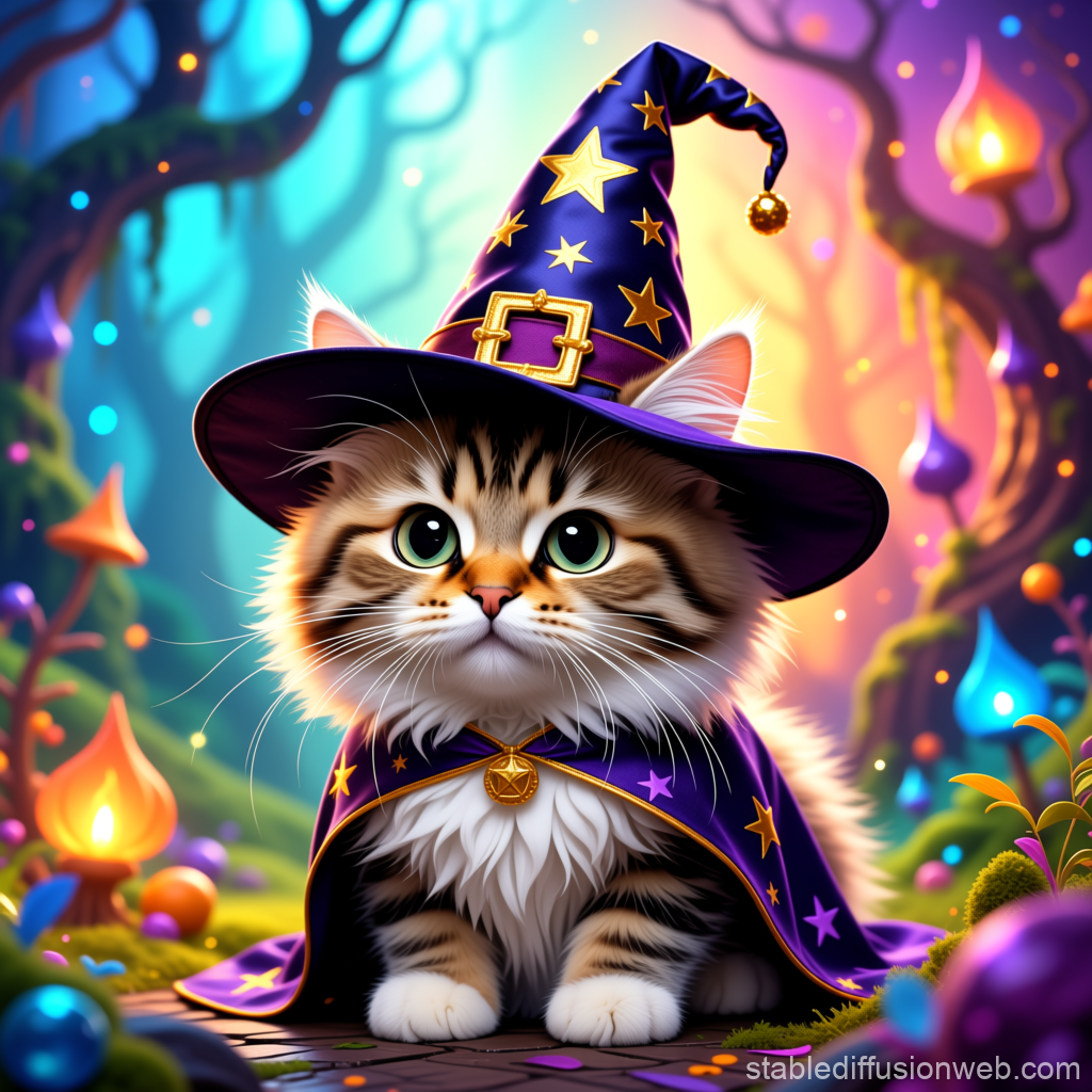 Adorable Fluffy Cat in Wizard Costume in Enchanted Forest