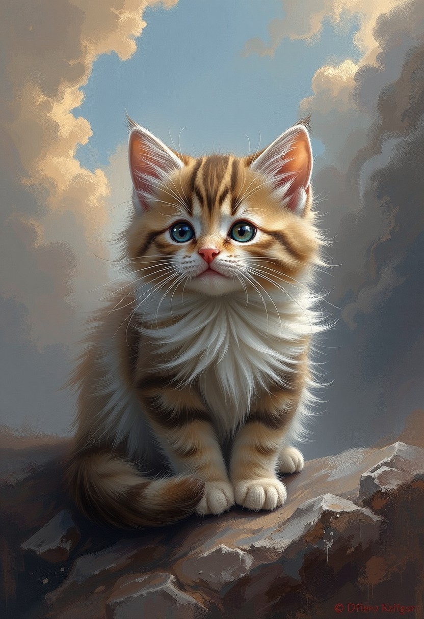 Adorable Fluffy Kitten with Blue Eyes in a Dreamy Landscape