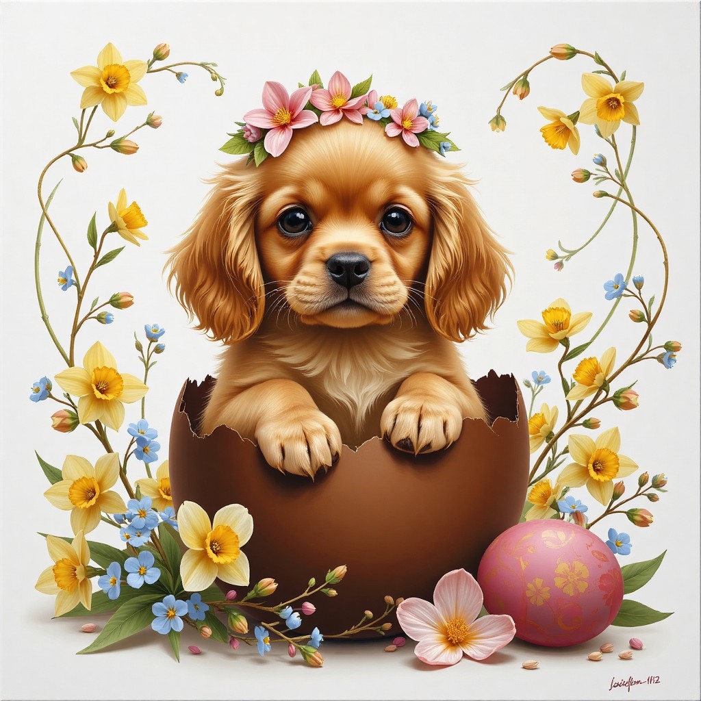 Adorable Golden Cocker Spaniel Puppy in Chocolate Egg with Spring Flowers