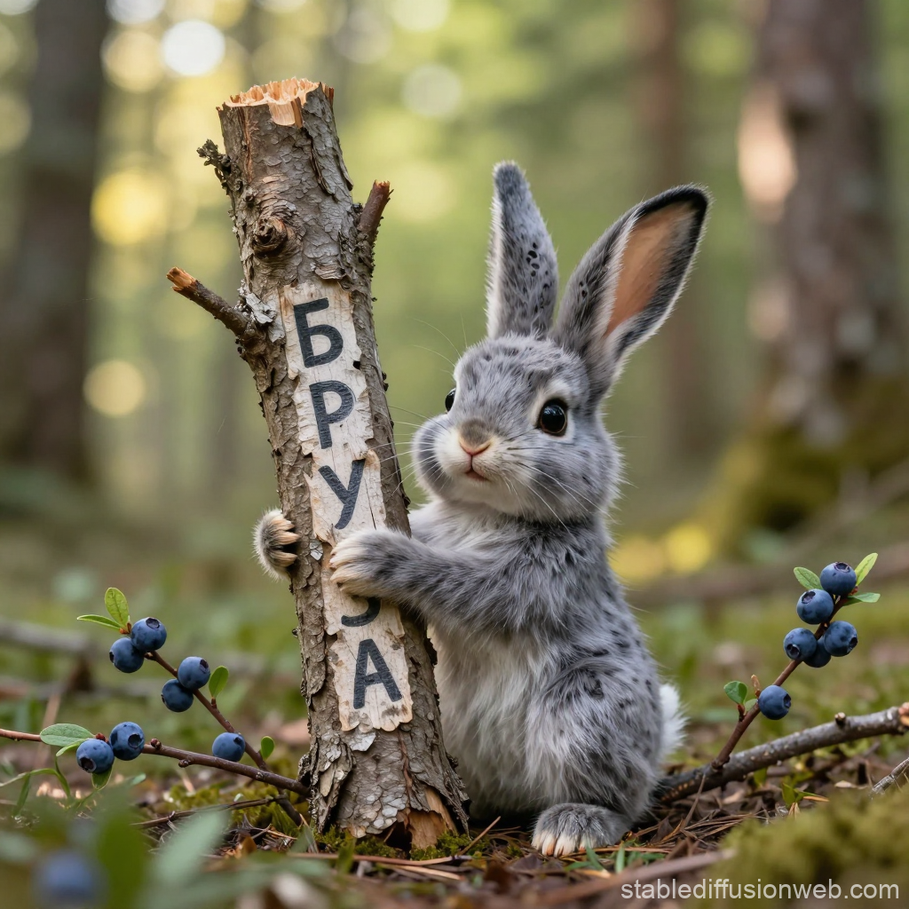 Adorable Gray Bunny Holding a Tree Trunk in Forest