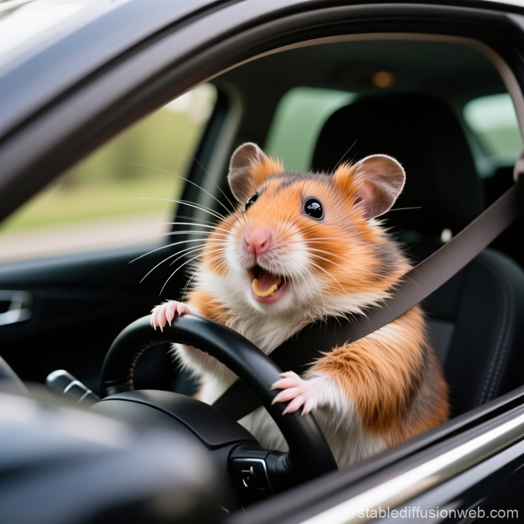 Adorable Hamster Driving a Car with Excited Expression