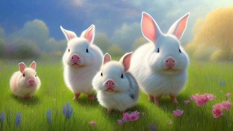 Adorable Hybrid Creatures: Piglets with Bunny Ears in a Meadow
