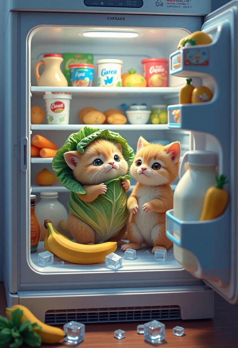 Adorable Kittens Inside a Refrigerator with Leafy Costume
