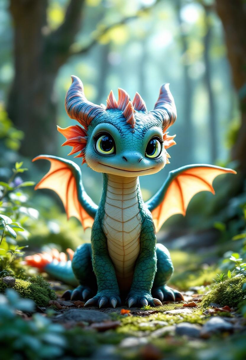 Adorable Little Dragon in Enchanted Forest