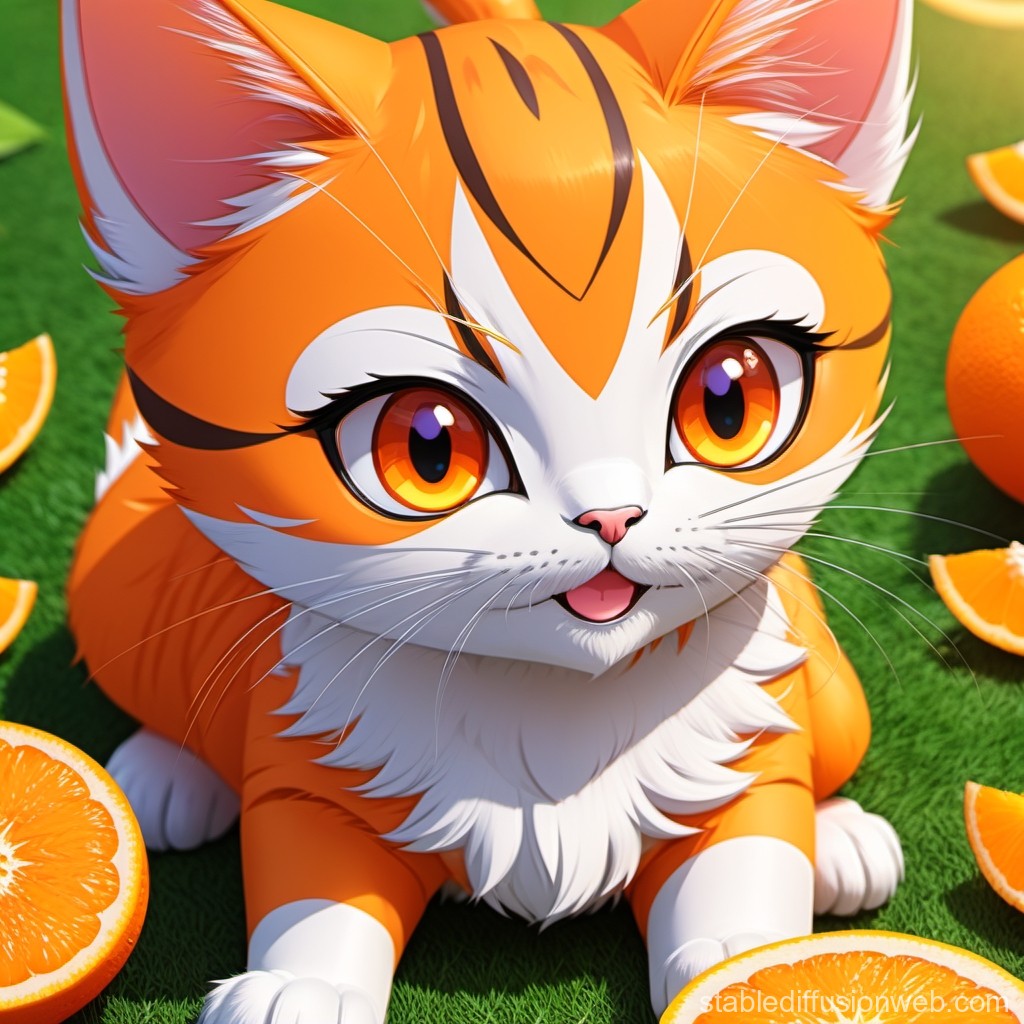 Adorable Orange and White Anime Cat with Oranges