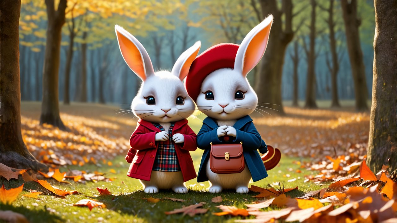 Adorable Pair of Dressed-Up Rabbits in Autumn Forest