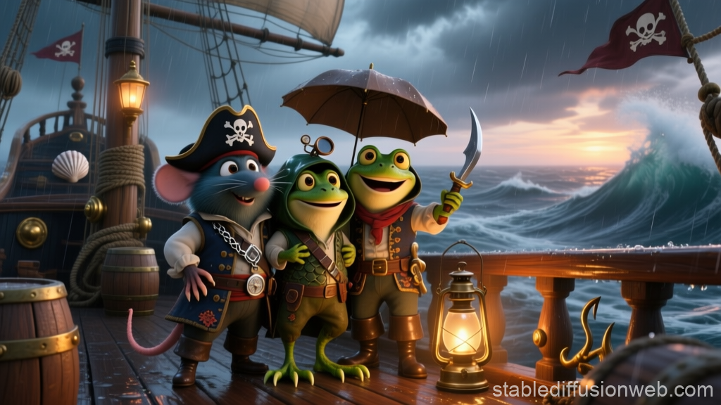 Adorable Pirate Crew of a Mouse and Frogs on a Stormy Ship