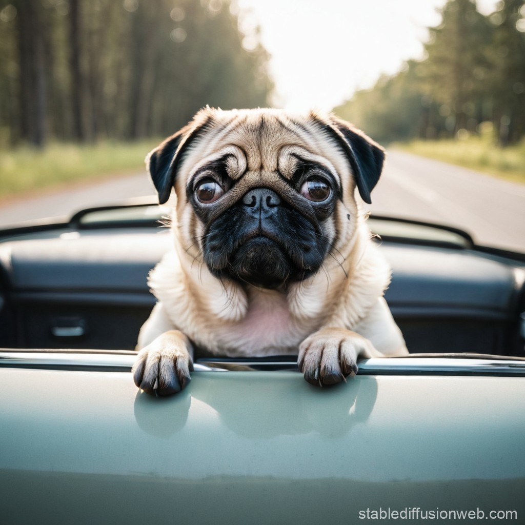 Adorable Pug Riding in Convertible on a Sunny Day