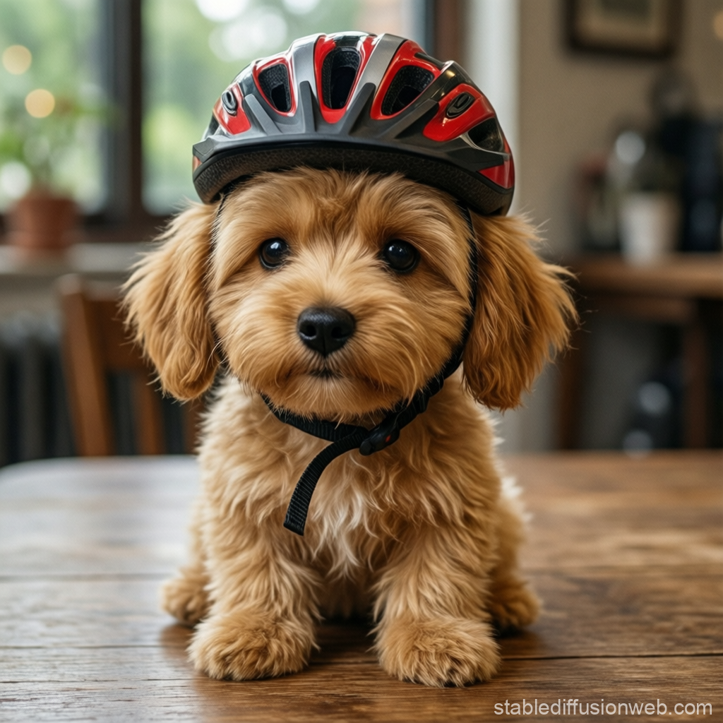 Adorable Puppy Wearing a Bicycle Helmet Indoors