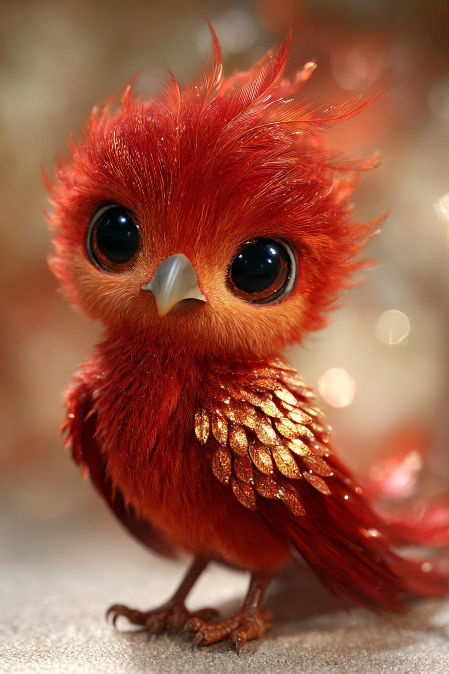Adorable Red Golden Baby Bird with Shimmering Feathers