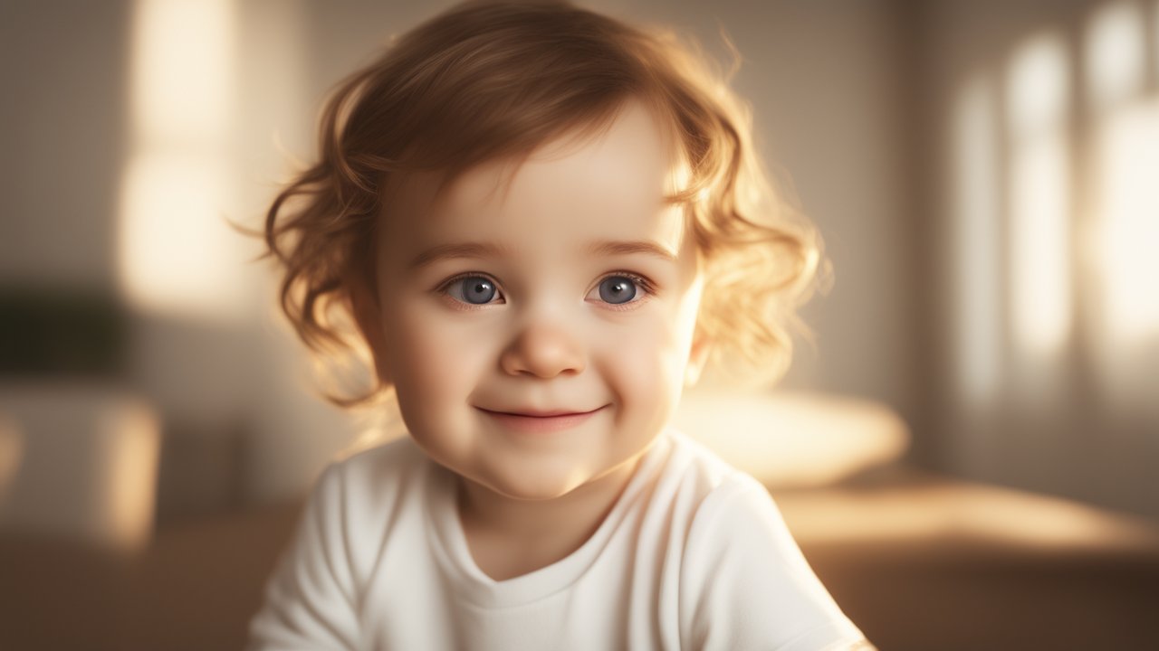 Adorable Smiling Baby with Curly Hair in Soft Light
