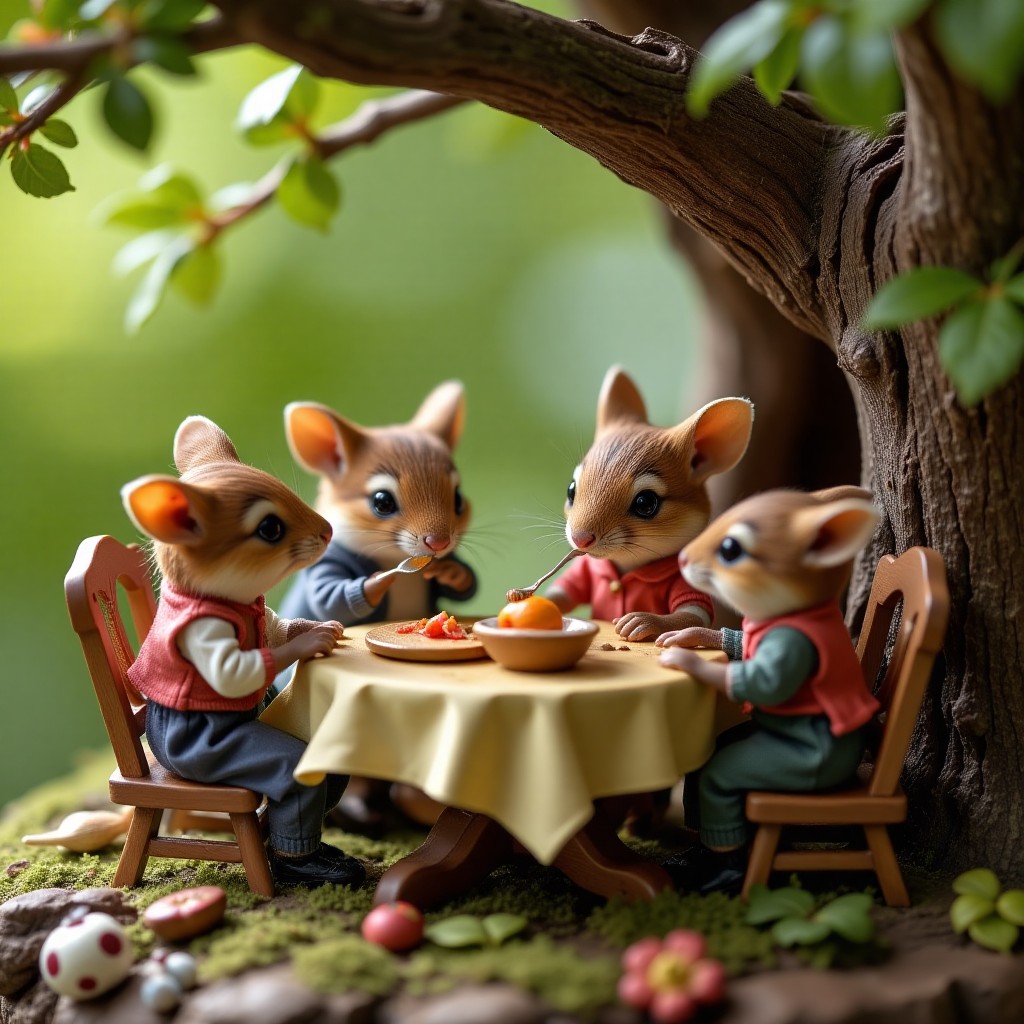 Adorable Tiny Mice Family Sharing a Meal Under a Tree
