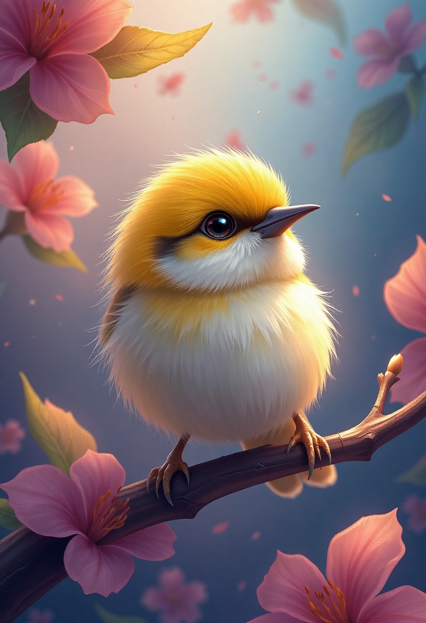Adorable Yellow Bird Perched Among Pink Blossoms