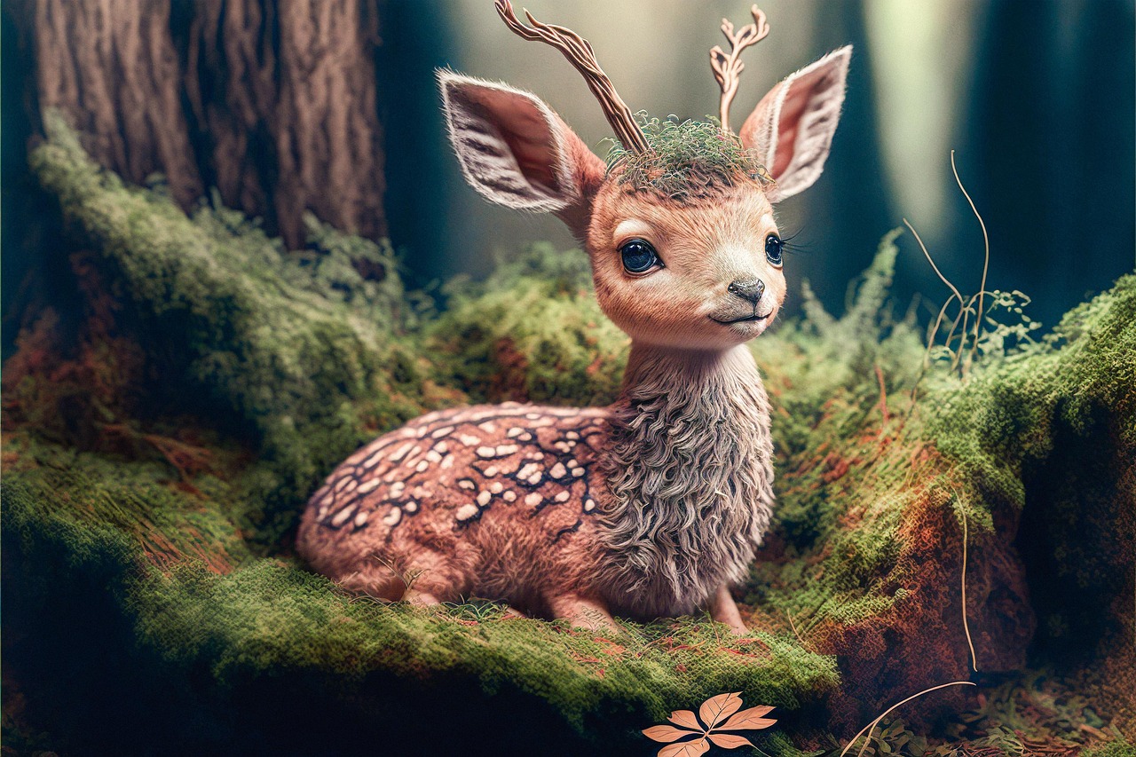 Adorable Young Deer with Mossy Antlers in Enchanted Forest