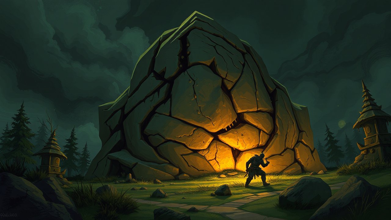 Adventurer Approaches Glowing Boulder Golem in Dark Forest