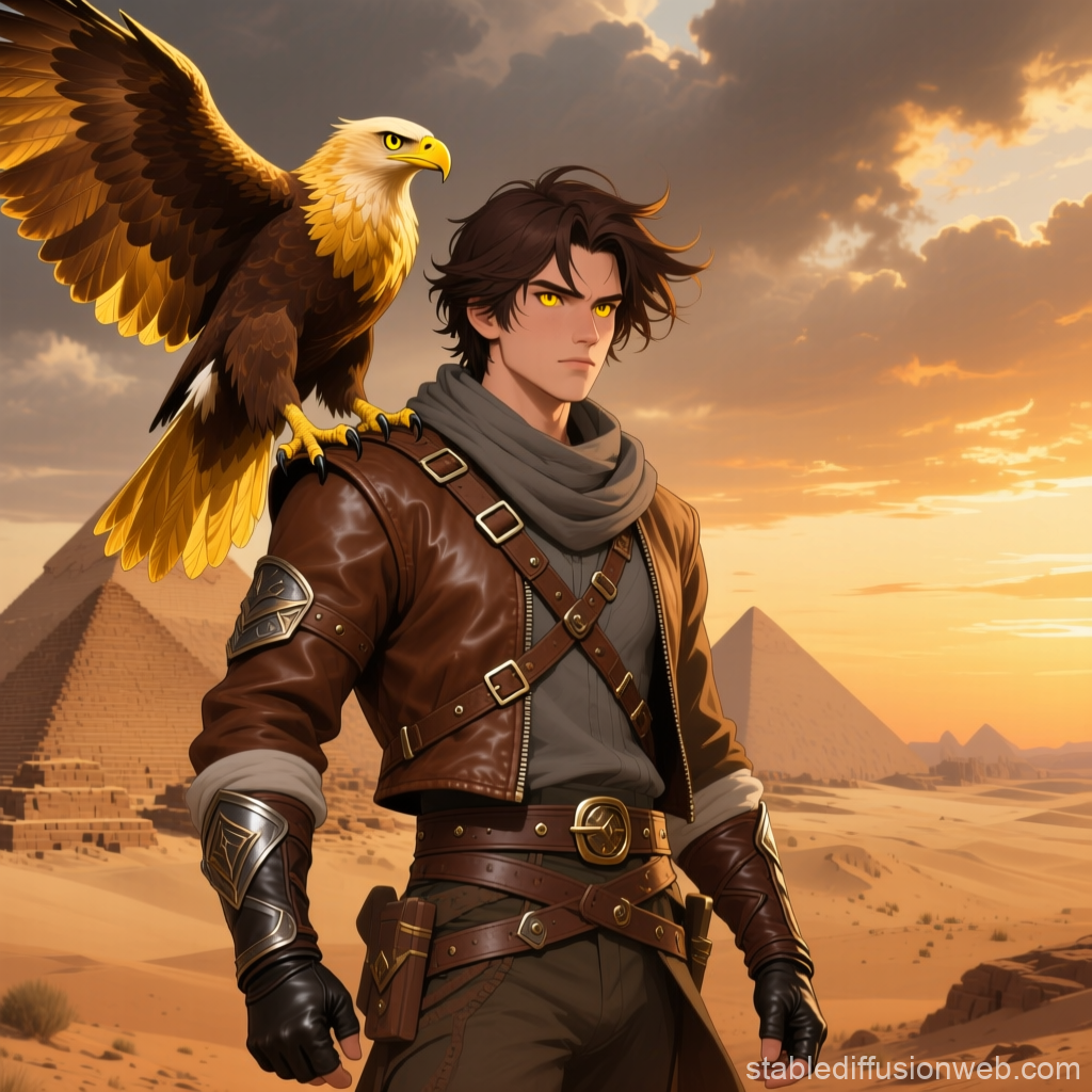 Adventurer with Golden Eagle in Desert Pyramids