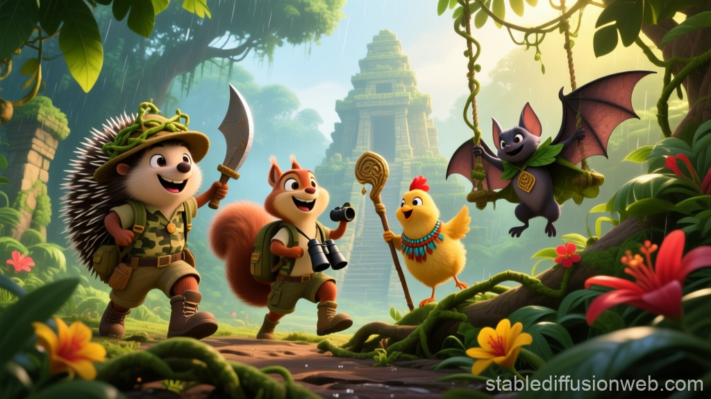 Adventurous Animal Friends Exploring Ancient Jungle Temple