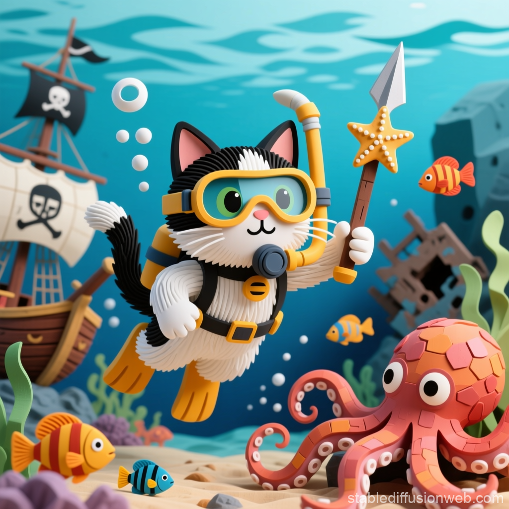 Adventurous Cat Diver Exploring Underwater with Octopus