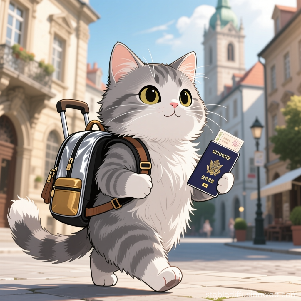 Adventurous Cat with Backpack and Passport in Charming City