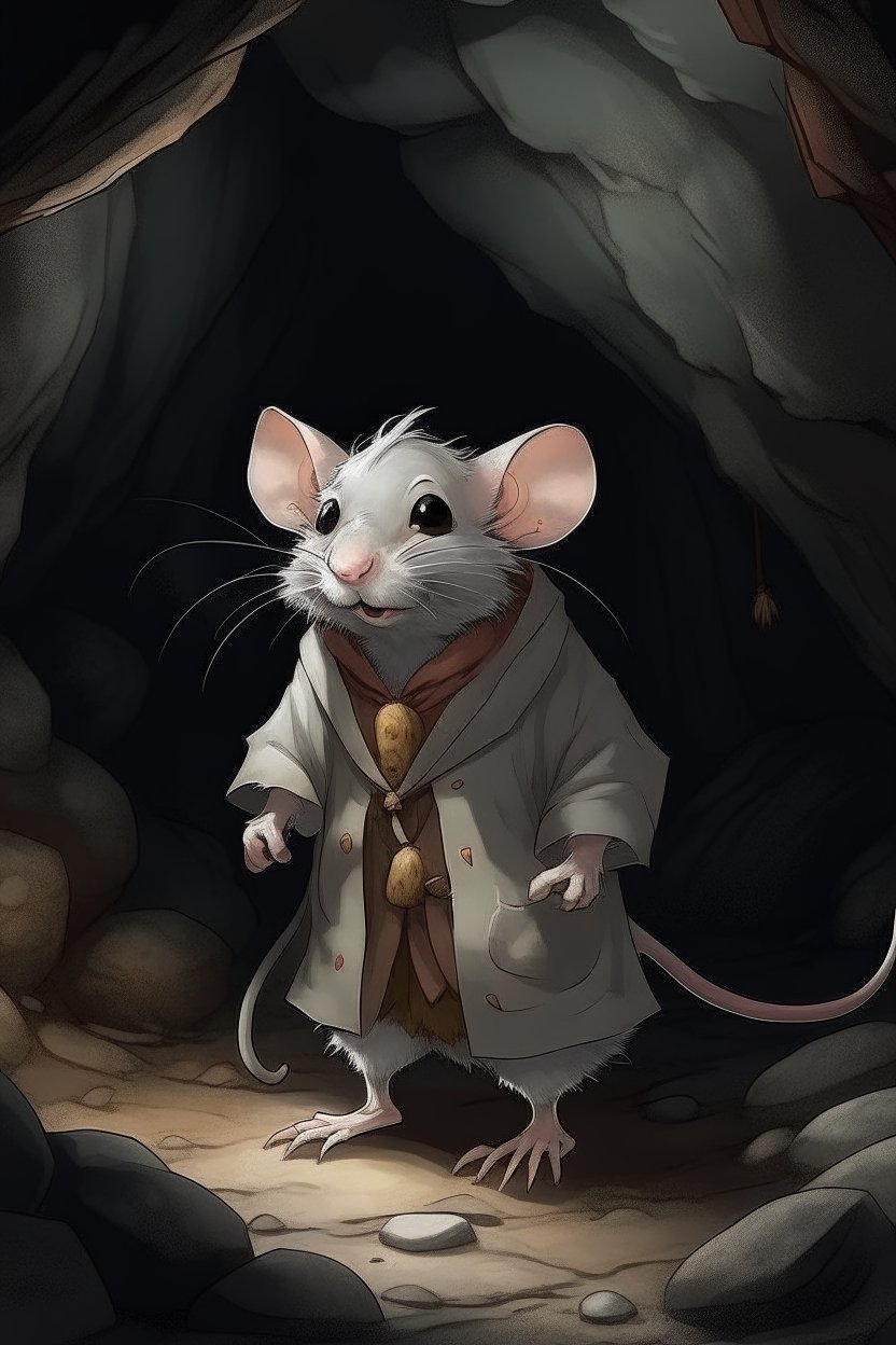 Adventurous Mouse in Cloak Standing in Cave