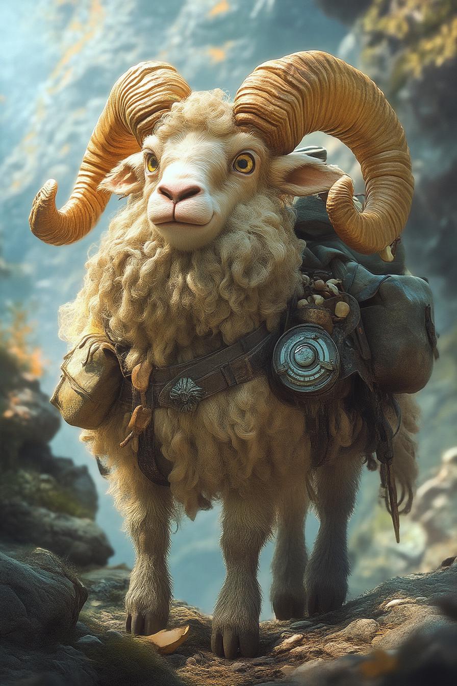 Adventurous Ram with Travel Gear in Mystical Forest