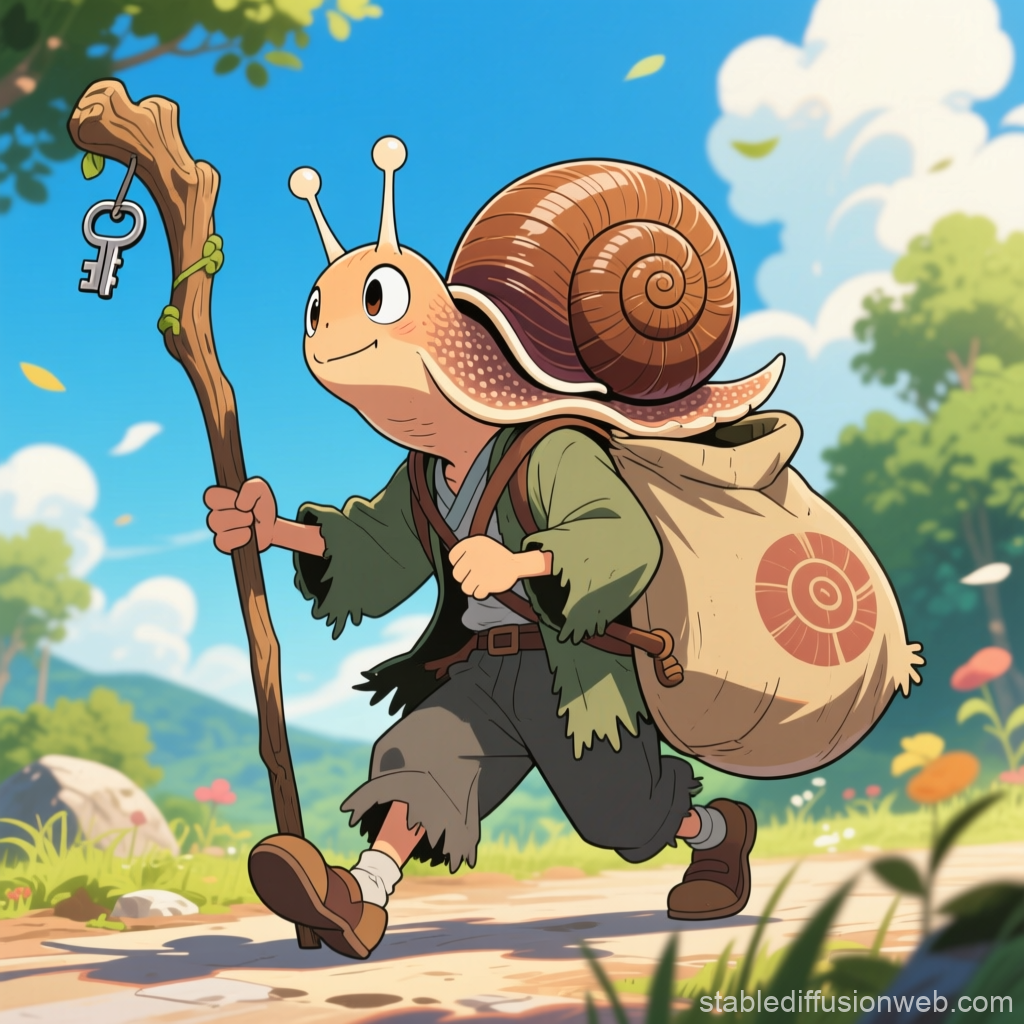 Adventurous Snail Hobo Walking with Key Staff