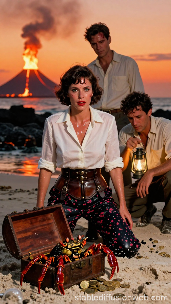 Adventurous Trio on Volcanic Beach with Treasure Chest and Giant Crab