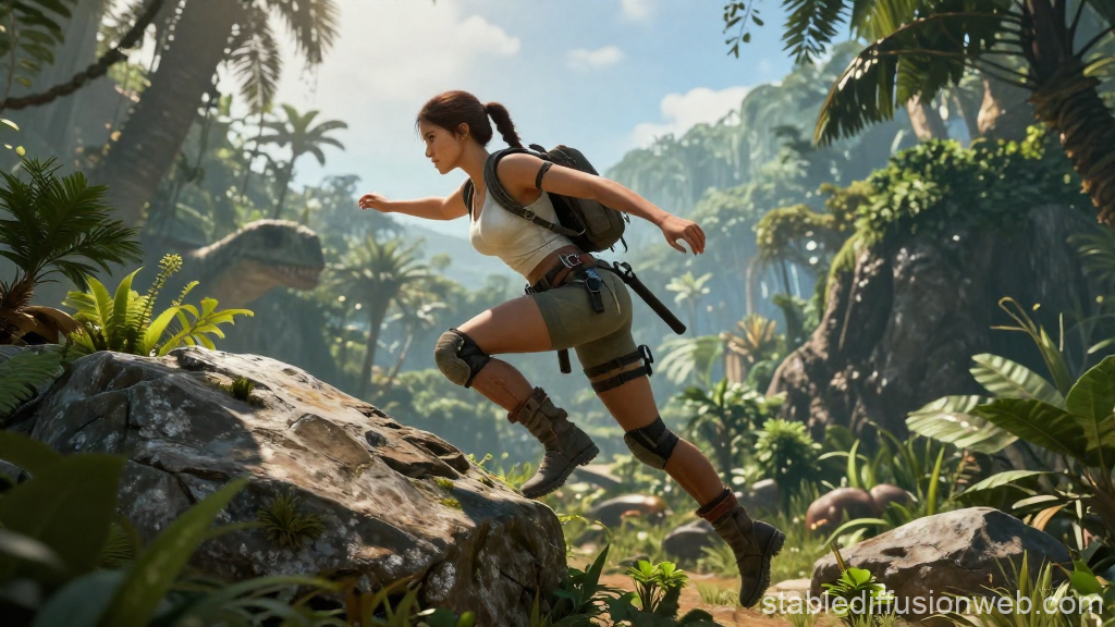 Adventurous Woman Escaping Dinosaur in Lush Jungle