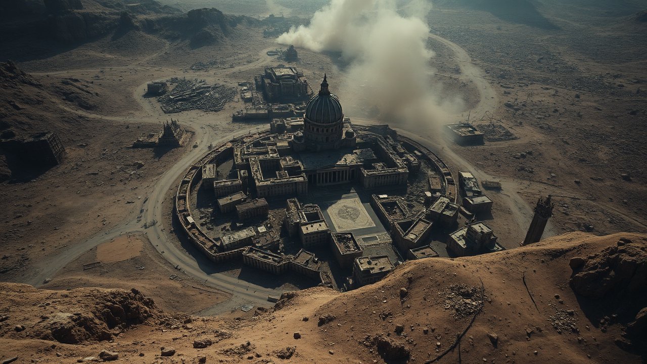 Aerial View of a Ruined Circular City in a Desert